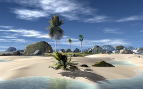 rendering, tropical islands, palm, stones