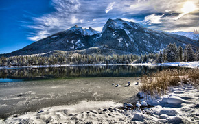 landscape, bavaria, germany, bavaria, Germany, Mountains, nature, form, place, beauty, lake, water, winter, snow, grass, top, vertices, clouds, sky, sun, morning, coast