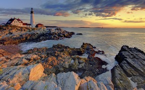 sea, lighthouse, stones, landscape, sky, sunset