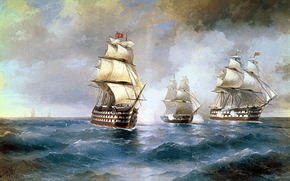 Aivazovsky, Brig "Mercury", Attacked by Two Turkish Ships, kartinamore, waves, the sky, clouds, Ships