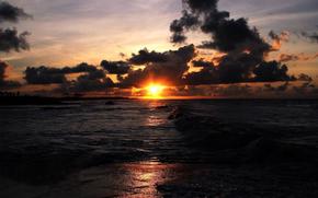 landscape, coast, beach, sand, sea, waves, sunset