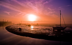 dawn, morning, fog, sea, yacht, landscape