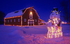 snowman, home, garland, lights, snow, winter