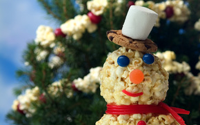 New Year, snowman, Sweets, popcorn, candy, Tree