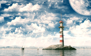 lighthouse, sailing ship, sea