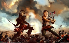 Art, battle, duel, Warrior, weapon, blood, rage, clouds, Ravens