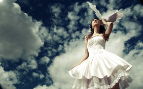 bride, feathers, clouds