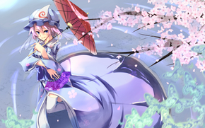 touhou, saigyouji yuyuko, girl, dress, sakura, umbrella