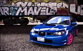 blue, CDs, pink, car, graffiti, iron, road, Tuning, subaru