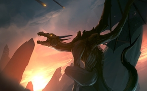 Art, dragon, rocks, Meteorites, rain, fire, smoke, trace