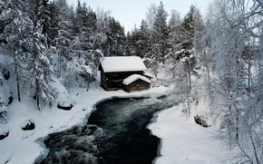 Winter, river, snow, lodge, landscape