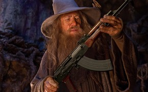 gandalf, Gandalf, gray, automatic, kalashnikov, ak, hat, humor, Lord of the Rings, the lord of the rings.jpg