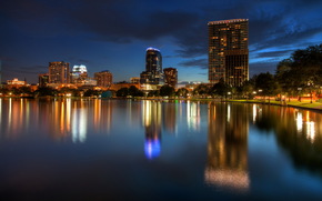 USA, orlando, florida, night, Orlando, Florida, night, home, Trees, water.