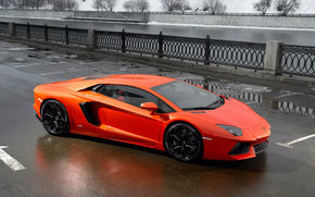 side view, puddles, Lamborghini, road