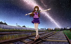 At dawn, nyashka, walks, on rails, under the starry sky.