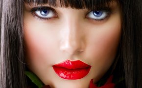 brunette, view, fringe, lips, pomade, flower