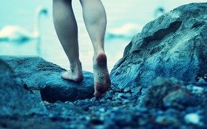 girl, barefoot, river. swans. lake, rock, dress