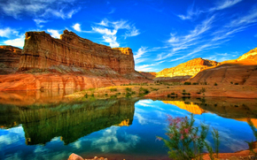 sky, clouds, Rocks, lake, reflection