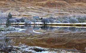 mountain, home, trees, winter, frost, lake, river