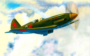 flight, aviation, drawing, wings, clouds, Art, plane, sky, fighter, Day, ussr