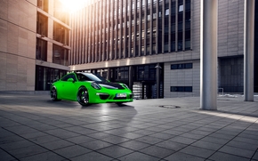 sports car, city, Porsche, Green, Porsche, building