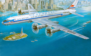 Tu-114, Soviet, turboprop, Passenger, plane, aeroflot, ussr, aviation, city, New York, drawing