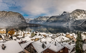 Hallstatt, Austria, Lake Hallstatt, Alps, Hallstatt, Austria, Lake Hallstatt, Alps, lake, Mountains, home, Roof, winter, panorama