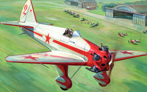 drawing, UT-1, Soviet, trainer, plane, ussr, airfield, runway, field, aircraft, people, hangars