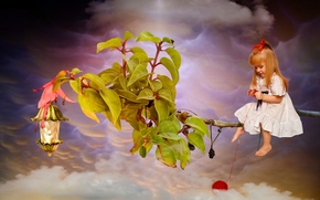 girl, Redhead, redhead, branch, foliage, ball, thread, clouds