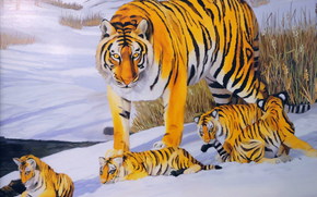 Art, tiger, cubs, Young, kids, winter, snow, tour