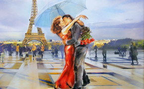 Art, man, woman, love, kiss, Paris, Eiffel Tower