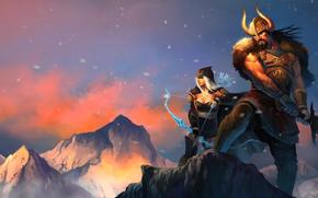 League of Legends, ashe and tryndamere, Sword, viking, girl, mountains