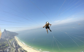 paragliding, paraglider, pilot, camera, helmet, thread, beach, sea, island, HORIZON, sky, Brazil, Rio de Janeiro, extreme sport