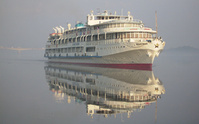 Kama, competition, reflection, river, Russia, motor ship, morning, fog