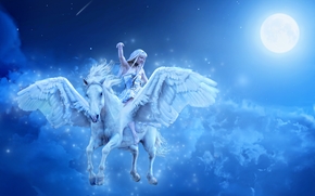 girl, horse, Pegasus, night, fantasy