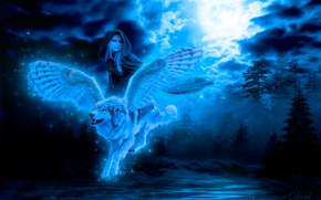 night, girl, winged wolf, fantasy