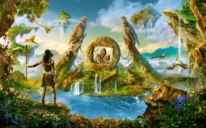 paradise, waterfalls, Parrots, island, lioness, woman-warrior, fantasy