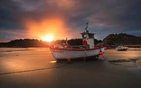 boat, shore, sunset