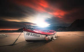 boat, shore, sunset