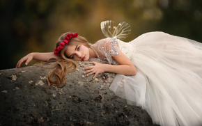 girl, dress, Wings, wreath, Roses, stone, mood