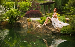 Elizabeth Hassell, model, pose, park, pond, reflection, nature, mood