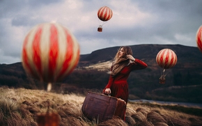 girl, Red Dress, suitcase, Balloons