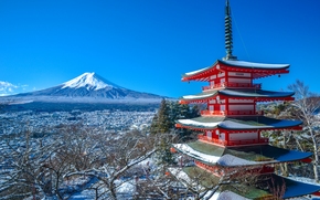 Mount Fuji, Chureito Pagoda, Fujiyoshida, japan, Fujiyama, Fuji, fujiyoshida, Japan, pagoda, mountain, volcano, winter, panorama